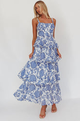 Vestido Longo em Camadas Provence Bloom Floral Azul