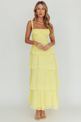 Vestido largo de volantes escalonados Provence Bloom, amarillo