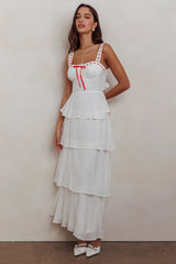 Vestido largo con volantes escalonados Provence Bloom blanco roto