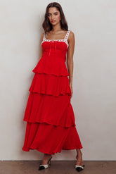 Vestido largo de volantes escalonados Provence Bloom rojo
