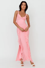 Vestido longo Hollianna com babados e fenda, cor blush