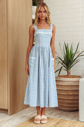 Vestido largo con bolsillo frontal Elderflower Gingham Azul Bebé