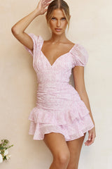 Vestido Annabella Floral Rosa com Mangas Bufantes e Babados na Barra