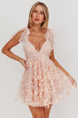 Minivestido con hombros anudados Chantilly, floral adornado, rosa