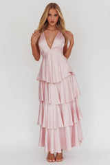 Vestido Auguste com Babados em Camadas e Costas com Alças na Cor Blush