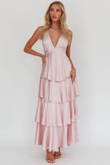 Vestido Auguste com Babados em Camadas e Costas com Alças na Cor Blush