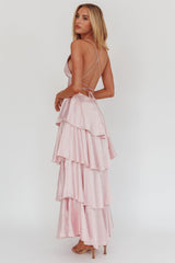 Vestido Auguste com Babados em Camadas e Costas com Alças na Cor Blush
