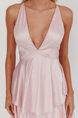 Vestido Auguste com Babados em Camadas e Costas com Alças na Cor Blush