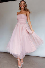 Fayette Vestido Midi sin Tirantes de Malla Color Rubor