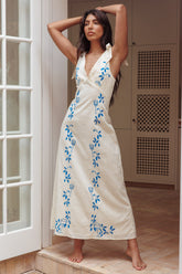 Vestido Longo Mykonos com Alças de Amarrar Bordado Bege