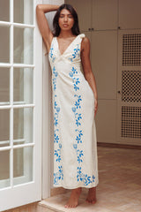 Vestido Longo Mykonos com Alças de Amarrar Bordado Bege
