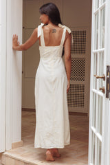 Vestido Longo Mykonos com Alças de Amarrar Bordado Bege