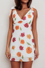 Minivestido con hombros anudados Mykonos Morning, naranja floral