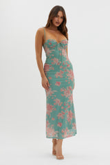 Vestido midi de malla Fortune con ribete de encaje, verde