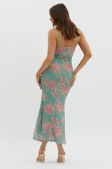 Vestido midi de malla Fortune con ribete de encaje, verde
