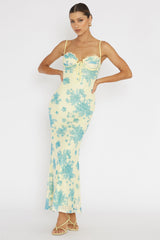 Vestido midi de malla con ribete de encaje Fortune, amarillo