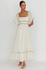 Vestido longo Kathlene com mangas bufantes, cor creme