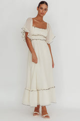 Vestido longo Kathlene com mangas bufantes, cor creme
