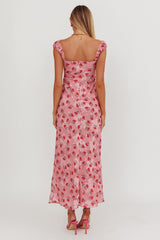 Vestido Longo Femme Belle com Acabamento em Fita Floral Rosa
