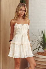 Minivestido con volantes y detalles de encaje Emotional Rollercoaster color avena