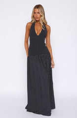 Vestido Longo Sweet Temptation com Frente Única Poá Preto/Branco