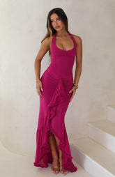 Vestido largo de malla fucsia con "Main Character Energy"
