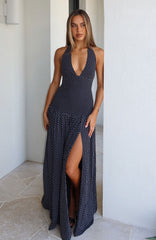 Vestido Longo Sweet Temptation com Frente Única Poá Preto/Branco