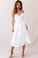 Vestido midi Artemis de pinzas plisadas con espalda de tiras blanco