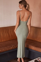 Vestido Frieda Midi de Canalé con Cuello Vuelto y Abertura Lateral Salvia
