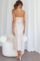 Vestido Midi com Alças Finas e Busto Ajustado Estampa Orquídea Bege Lake Como