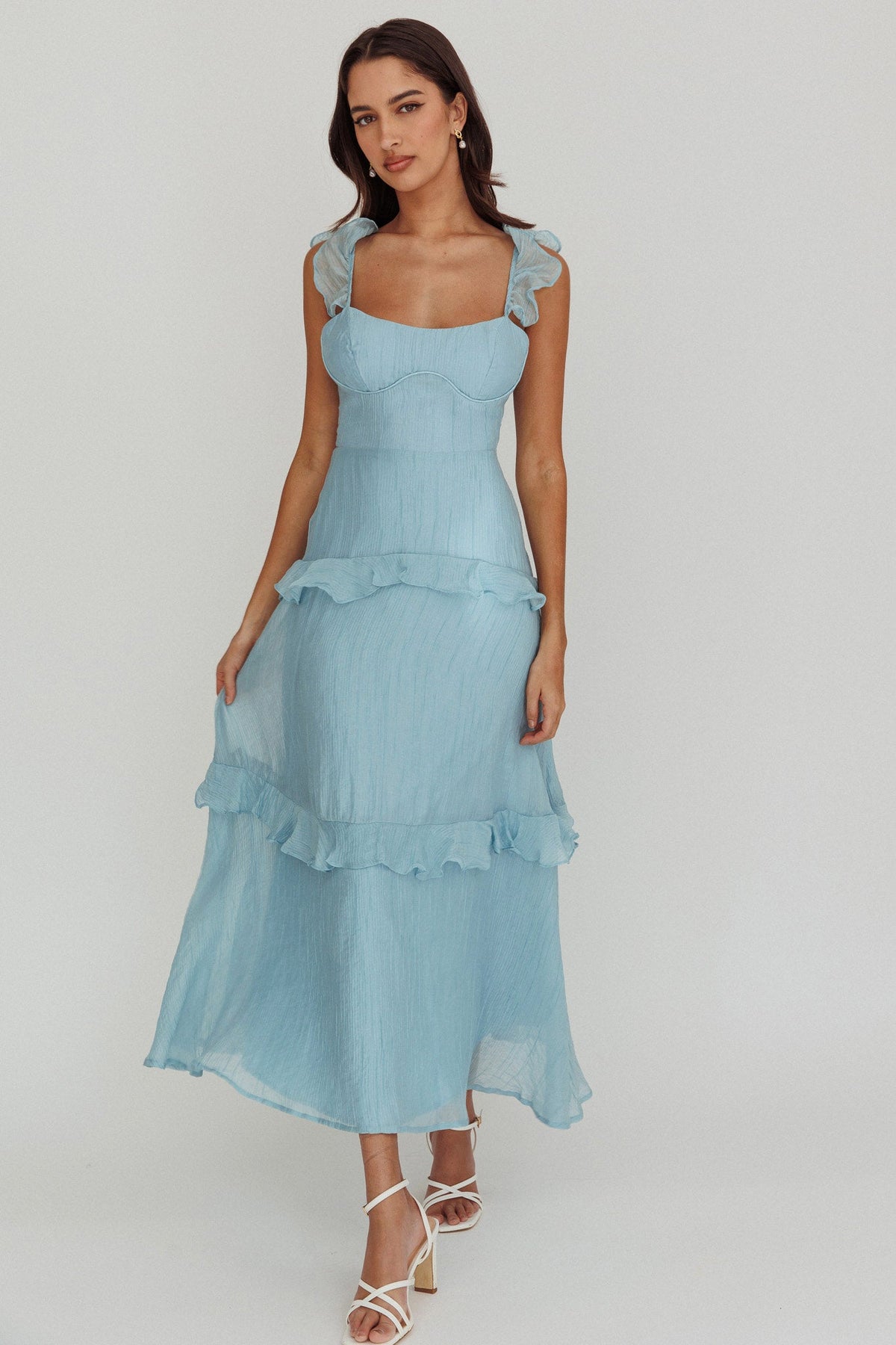 Vestido longo azul com babados e amarração nas costas Moonlit Moment