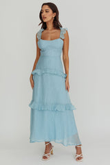 Vestido longo azul com babados e amarração nas costas Moonlit Moment