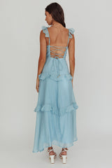 Vestido longo azul com babados e amarração nas costas Moonlit Moment