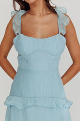 Vestido longo azul com babados e amarração nas costas Moonlit Moment