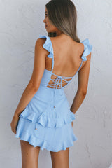 Vestido Azul com Babados, Detalhes em Vivo e Amarração nas Costas Moonlit Moment