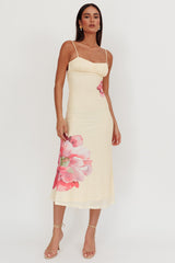 Nerida Vestido Longo com Busto Franzido Flores Amarelas