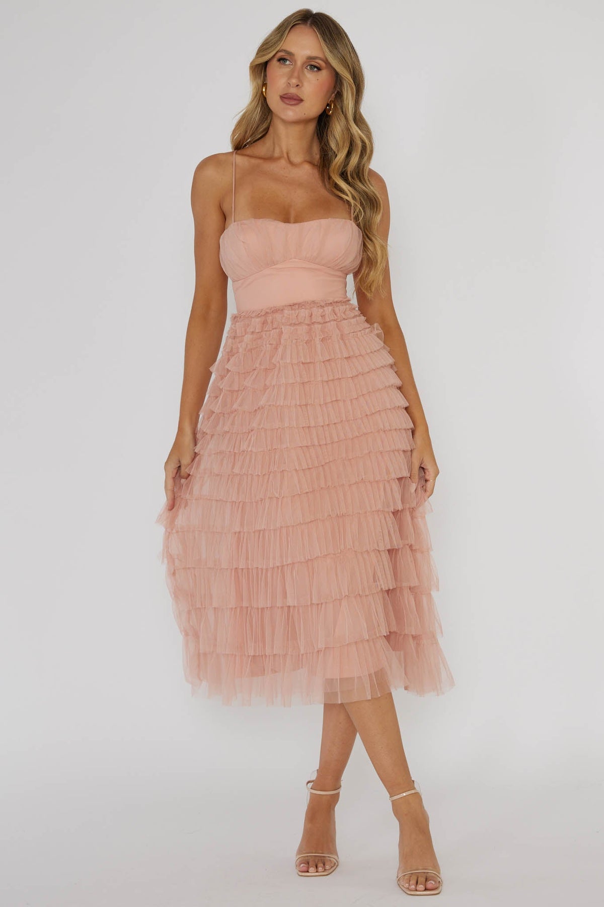 Vestido Midi com Babados em Camadas Garden Party Rosa Claro