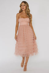 Vestido Midi com Babados em Camadas Garden Party Rosa Claro