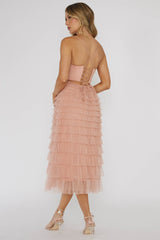 Vestido Midi com Babados em Camadas Garden Party Rosa Claro