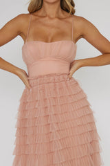 Vestido Midi com Babados em Camadas Garden Party Rosa Claro