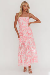 Vestido largo Serif con volantes y abertura, rosa