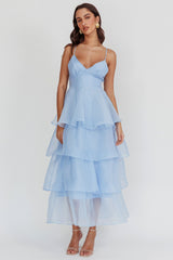 Vestido midi azul con volantes escalonados Hecho para ti