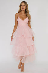Vestido midi con volantes escalonados Made For You Rosa