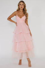 Vestido midi con volantes escalonados Made For You Rosa
