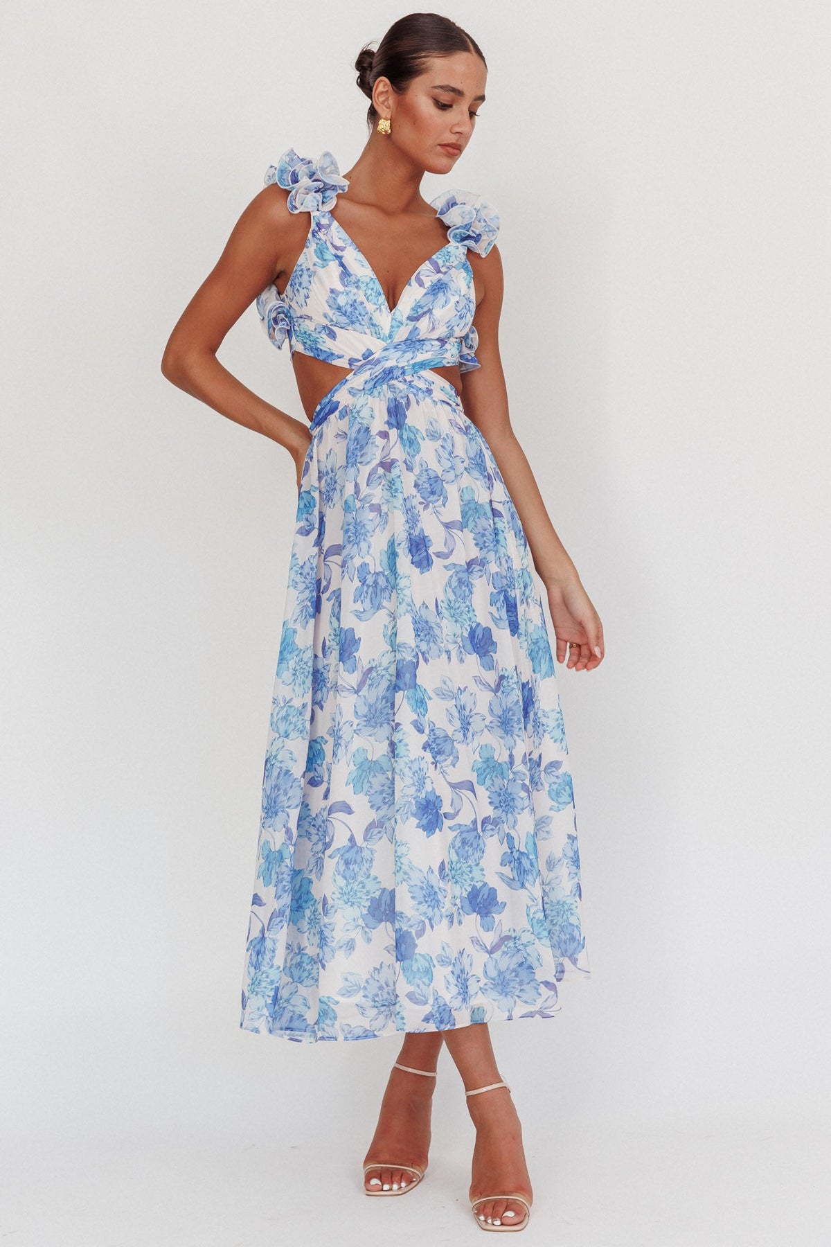 Vestido largo con espalda anudada Madara Azul floral