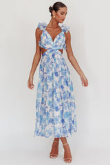 Vestido largo con espalda anudada Madara Azul floral