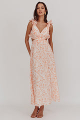 Vestido Maxi Madara com Laço nas Costas Estampa Floral Laranja