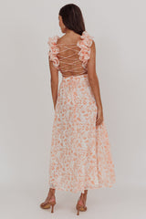 Vestido Maxi Madara com Laço nas Costas Estampa Floral Laranja