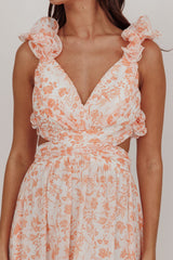 Vestido Maxi Madara com Laço nas Costas Estampa Floral Laranja