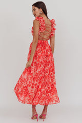 Vestido largo de Madara con espalda de cordones y estampado floral en rojo